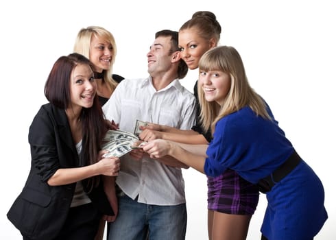 Group of young beautiful women take money from the man on a white background.
