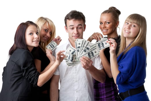 Group of young beautiful women take money from the man on a white background.