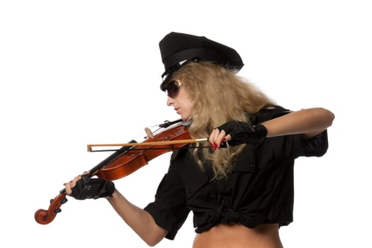 Sexy girl in a uniform of the security guard with a violin on a white background