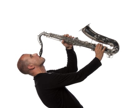 Man with saxophone on a white background