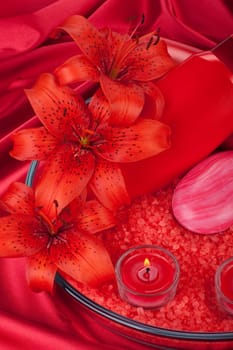 Spa and wellness concept with flowers, salt, soap