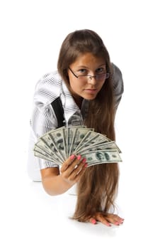 Pretty woman with money on a white background