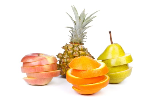 Fresh sliced fruits on a white background. Close up.