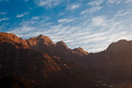 From Katra in Jammu Kashmir, side of the Trikuta peaks defining the 14 kilometer footpath and pony trail up the side of the mountain to Vaishno Devi Temple, a shrine and and popular Hindu pilgrimage