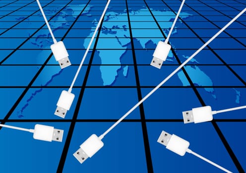 Technology - USB Cables on Map of World on Blue Tiles Texture