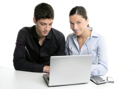 Young couple teamwork cooperation, white table with laptop