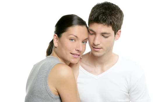 Beautiful young fresh modern couple hug over white background