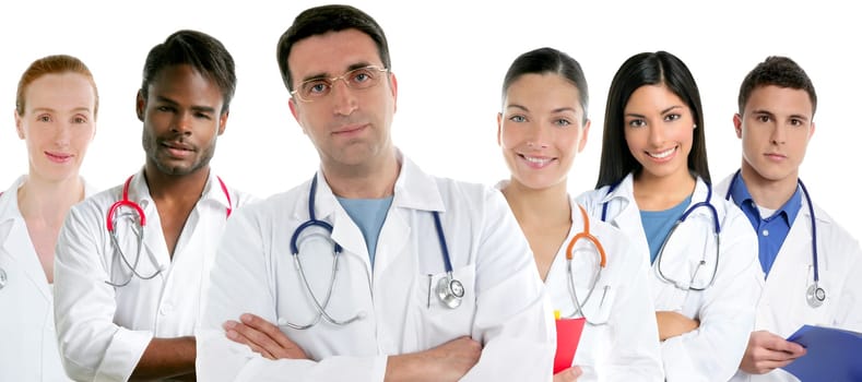 Doctors team group in a row on white background men and women doctor