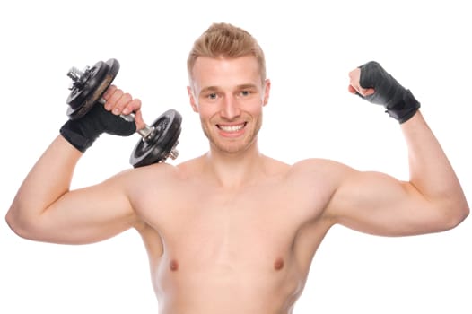 Studio shot of a young strength athlete against a white background