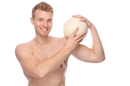 Studio shot of a young volleyball player against a white background