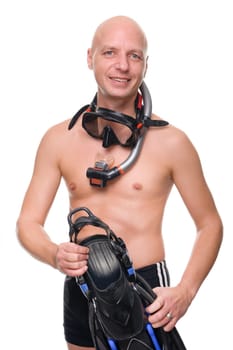 Portrait of a diver in studio against white background