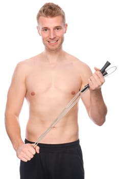 Studio shot of a young man with skipping rope against a white background