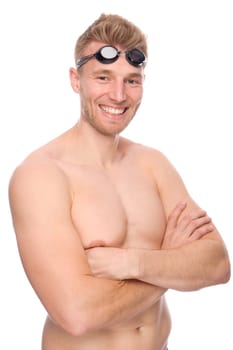 Studio shot of a young swimmer against a white background