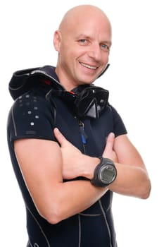 Portrait of a diver in studio against white background