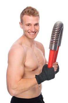 Studio shot of a young strength athlete against a white background