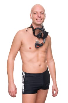 Portrait of a diver in studio against white background