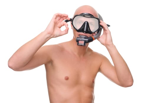 Portrait of a diver in studio against white background