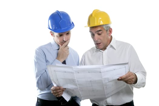 architect engineer two expertise team plan talking hardhat white background