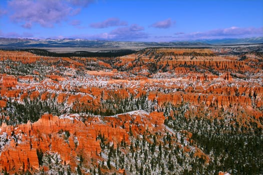 Hoodoos of Bryce Canyon National Park in Utah capped with snow.