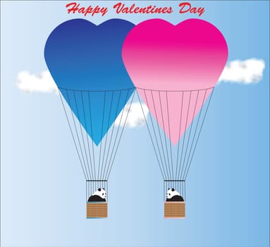 Valentine Day Card of Two Giant Pandas in Blue and Pink Hot Air Balloons