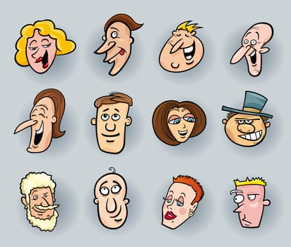 cartoon illustration of funny people faces set