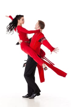 Dancing young couple on a white background.