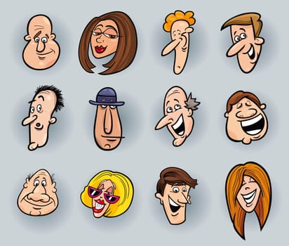 cartoon illustration of funny people faces set