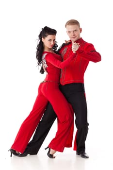 Dancing young couple on a white background.