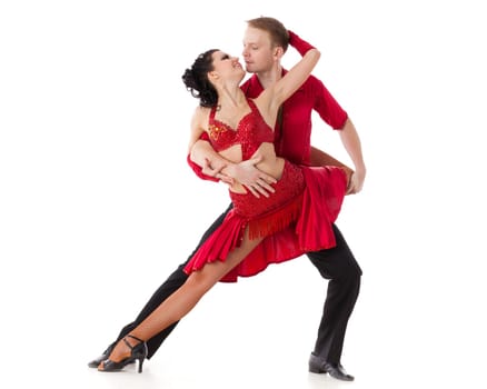 Dancing young couple on a white background.