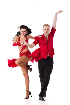 Dancing young couple on a white background.