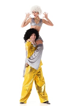 Young sports people carry out acrobatic tricks on a white background.