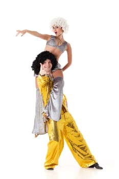 Young sports people carry out acrobatic tricks on a white background.