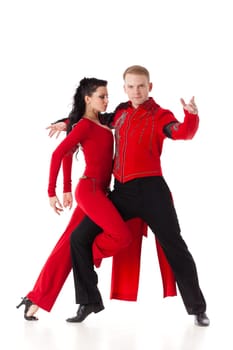 Dancing young couple on a white background.
