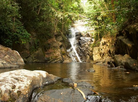 Amazing waterfall in the wet green rainforest.