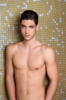 tile bathroom shower young nude man posing sexy looking camera