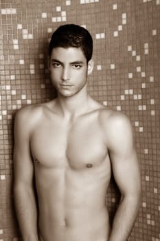 tile bathroom shower young nude man posing sexy looking camera