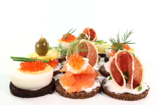 Various canapes against white background
