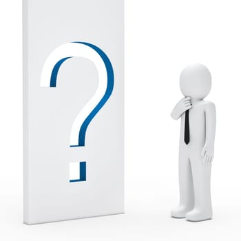 Businessman stand for a question mark wall