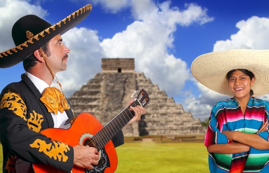 Mexican mariachi charro man and poncho Mexico girl Chichen Itza Pyramid