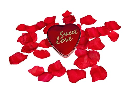 Heart of rose petals on a white background on the occasion of Valentine & #039  s Day