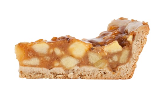 Slice of apple pie, side view, isolated on white.