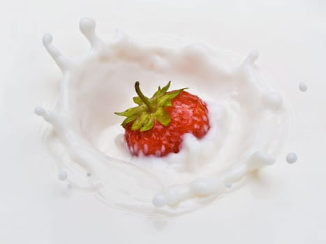 Delicious strawberry splashing into milk