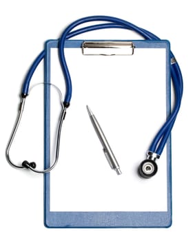 Medical clipboard with blank paper for messages, a pen and a stethoscope