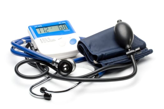 Blue modern stethoscope and pressure monitor on a white background
