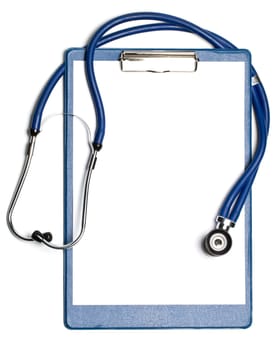 Medical clipboard with blank paper for messages and a stethoscope