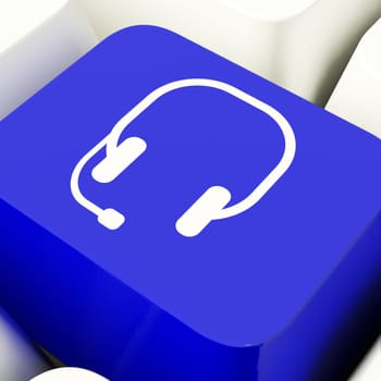 Headset Symbol Computer Key In Blue Showing Communiction And Online Help