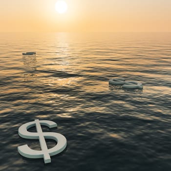 Dollars Floating To A Sunset Showing Money Wealth Or Earning