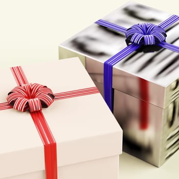 Two Gift Boxes With Blue And Red Ribbons As Present For Him And Her