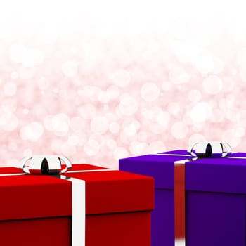 Red And Blue Gift Boxes With Bokeh Background As Present For Him And Her