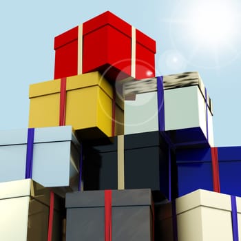 Multicolored Giftboxes  With Sky Background As Presents For Family